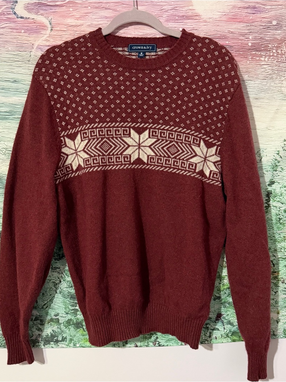 Crown & Ivy WoMen's Maroon Fair Isle Crewneck Sweater